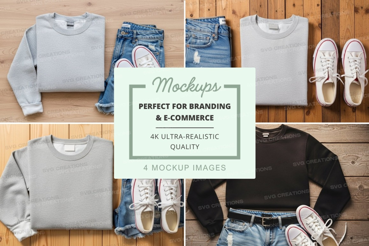 Casual outfit mockup with sweaters, jeans, shorts, and sneak