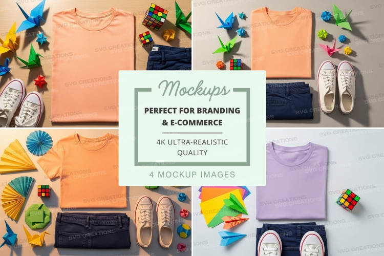 Flat lay mockup of t-shirts and accessories