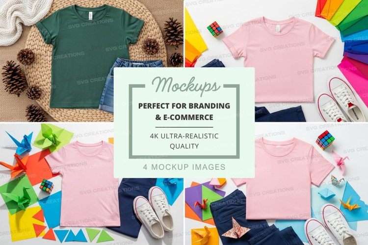 Children's clothing mockup - t-shirts and skirt with accesso