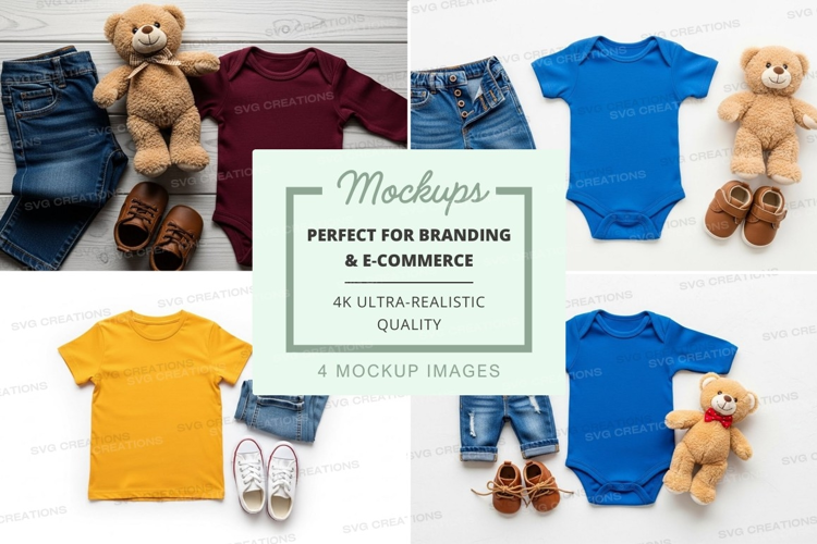 Baby clothing mockup with stuffed animals
