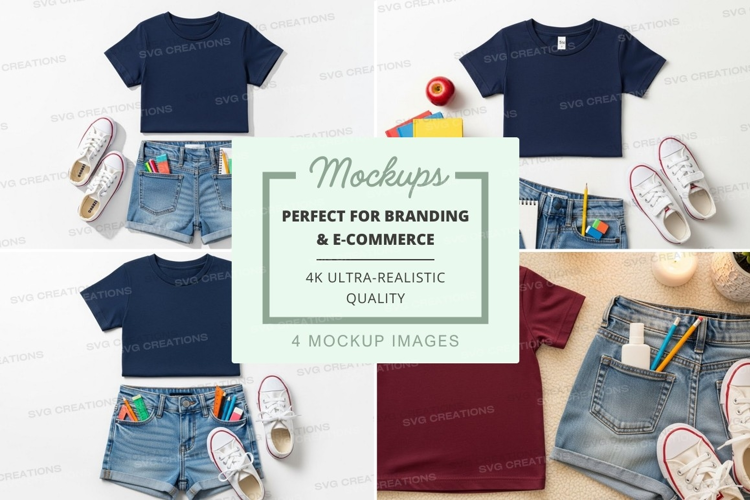 Children's clothing mockup with t-shirts and shorts