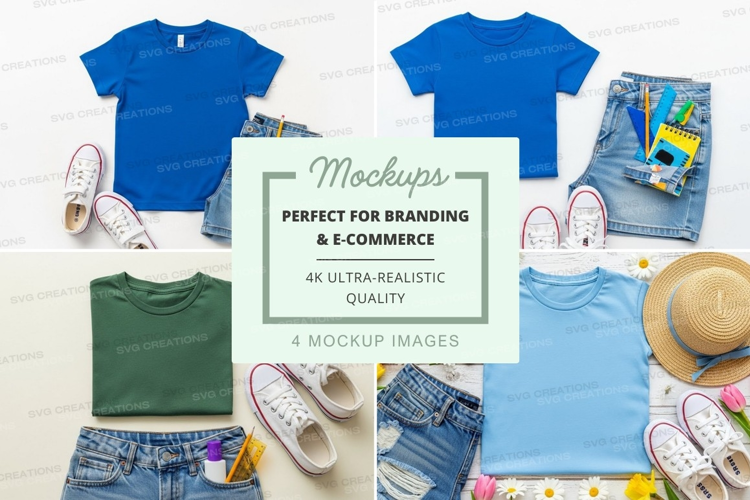 Children's clothing mockup - t-shirt and shorts with accesso