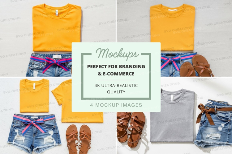Flat lay mockup of yellow and gray t-shirts with denim short