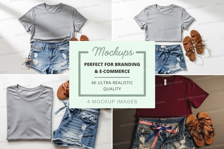 Flat lay mockup of t-shirts with denim shorts and sandals example image 1
