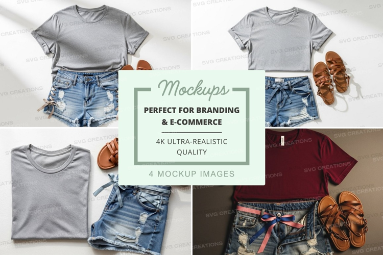 Flat lay mockup of t-shirts with denim shorts and sandals