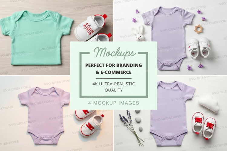 Four baby onesie mockups with accessories