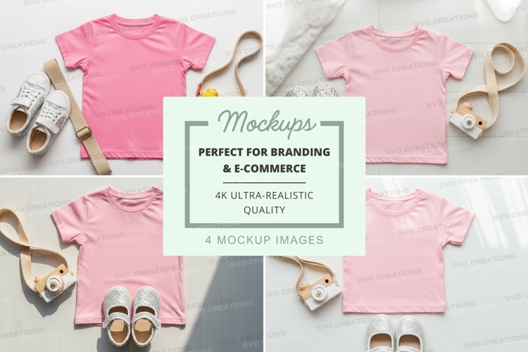 Pink kids t-shirt mockup with accessories