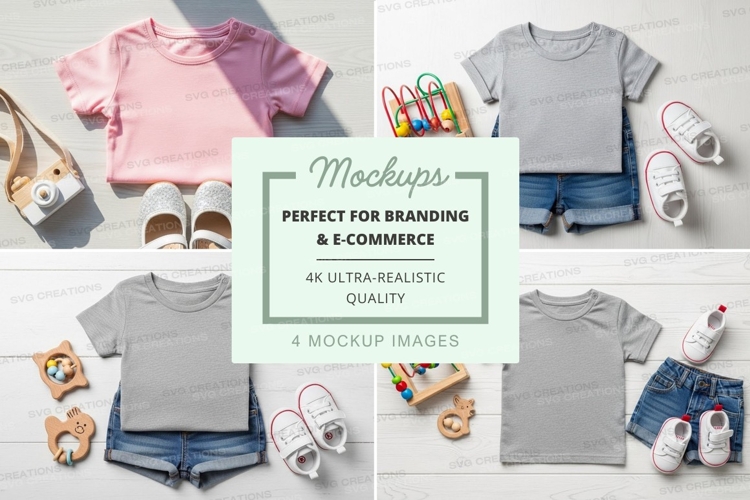 Childrens clothing mockup - t-shirt and shorts with toys