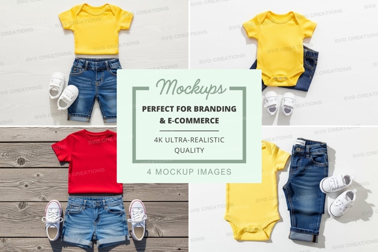 Baby clothing mockup - yellow and red onesies with denim sho