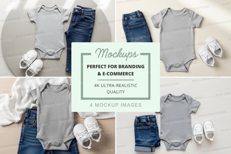 Baby clothing mockup with onesies, jeans, and shoes