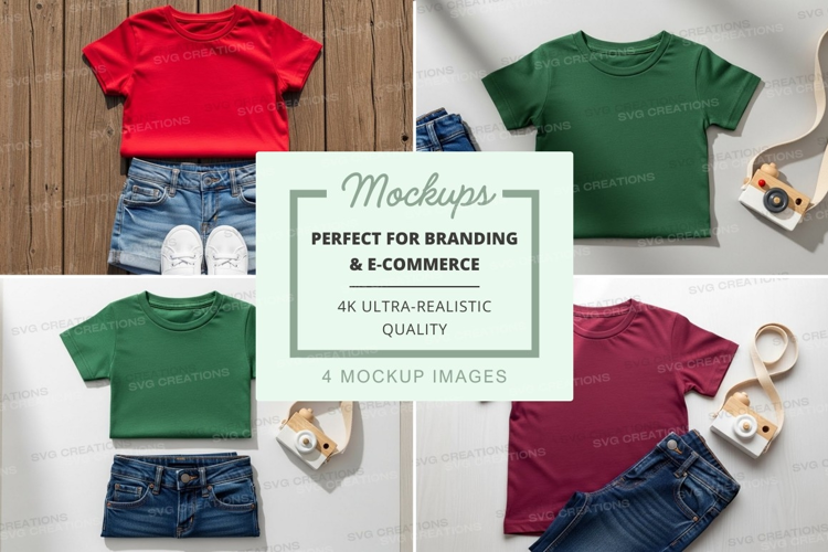 T-shirt mockup with denim shorts and accessories