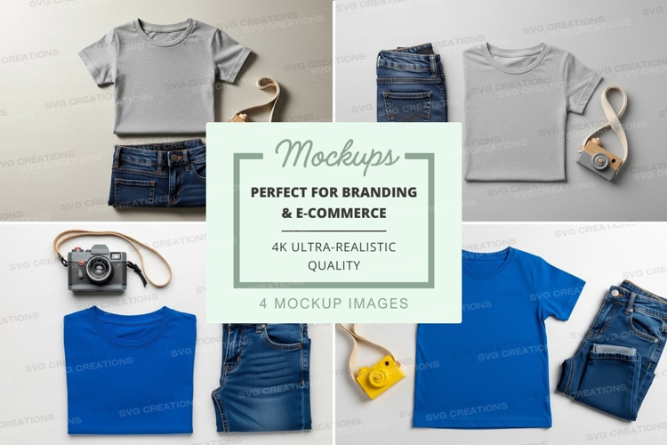 Flat lay mockup of t-shirts and jeans with accessories