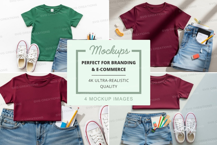 Children's clothing mockup featuring t-shirts and shorts