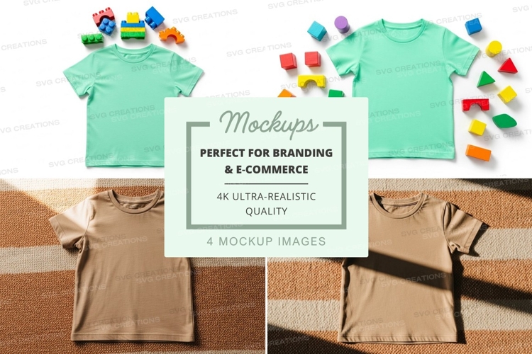 Childrens t-shirt mockup in light green and beige with toys
