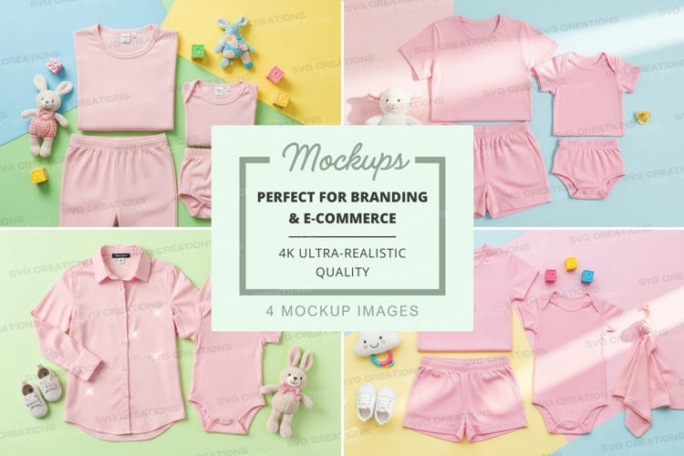 Baby clothing mockup - pink onesies, shorts, and tops