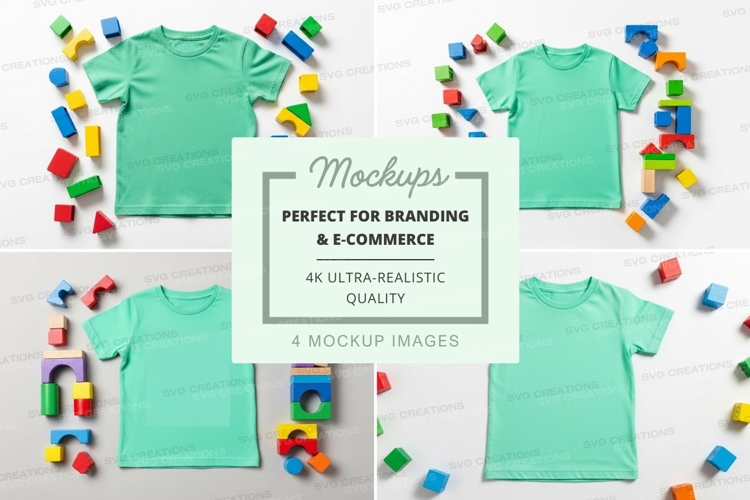 Four t-shirt mockups with colorful building blocks