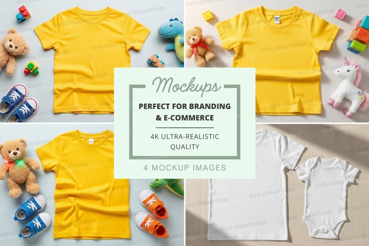 Mockup of yellow and white baby clothing with toys