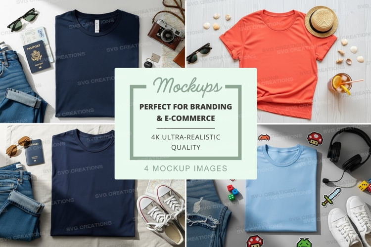 Flat lay mockup featuring t-shirts and accessories