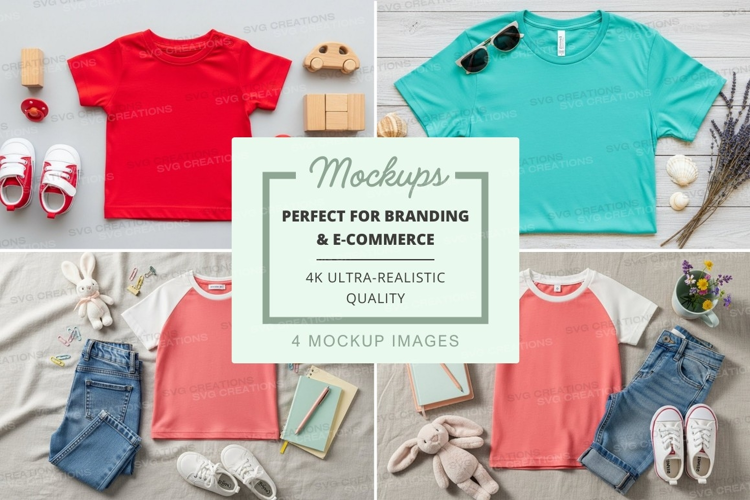 Flat lay mockup featuring t-shirts and accessories