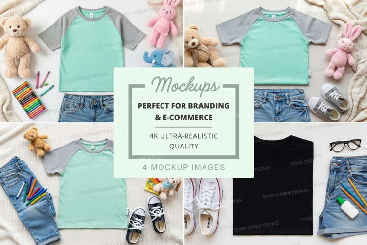 Children's clothing mockup - t-shirt and shorts with accesso
