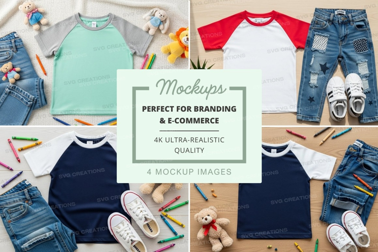 Children's clothing mockup featuring t-shirts and jeans