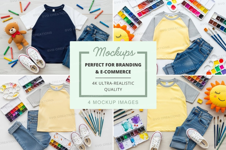 Children's clothing mockup with art supplies