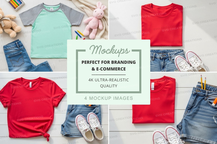 Children's clothing mockup with t-shirts and shorts