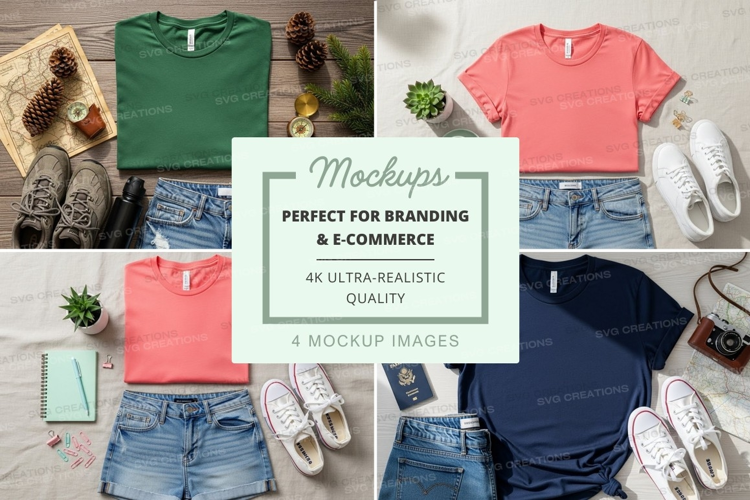 T-shirt mockup with denim shorts and accessories
