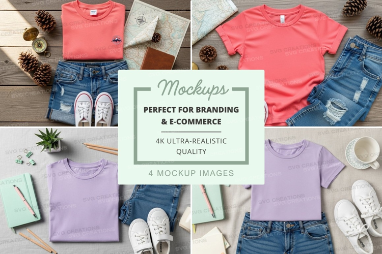 T-shirt mockup with denim shorts and accessories