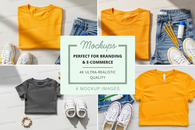 Flat lay mockup of yellow and gray t-shirts with accessories
