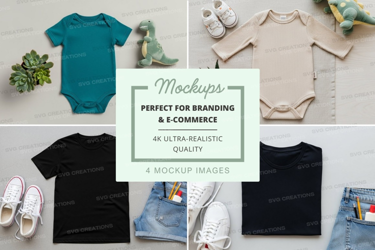 Flat lay mockup featuring baby onesies and t-shirts