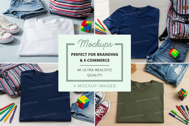 Flat lay mockup of t-shirts, sneakers, and school supplies