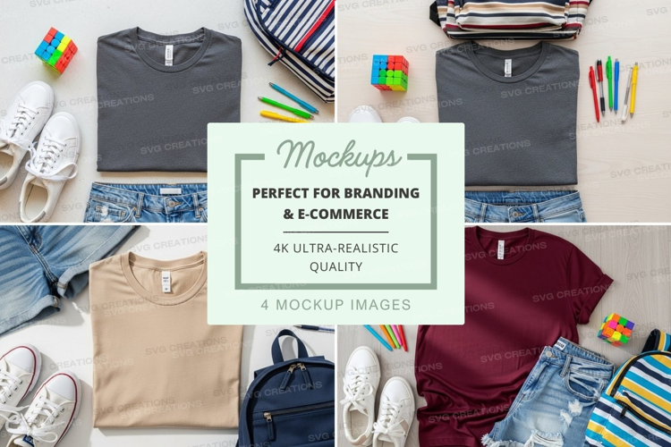 Flat lay mockup of casual outfits with t-shirts, jeans, and