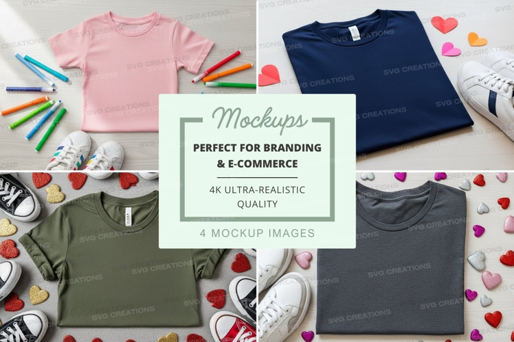 Flat lay mockup of t-shirts with stationery and shoes