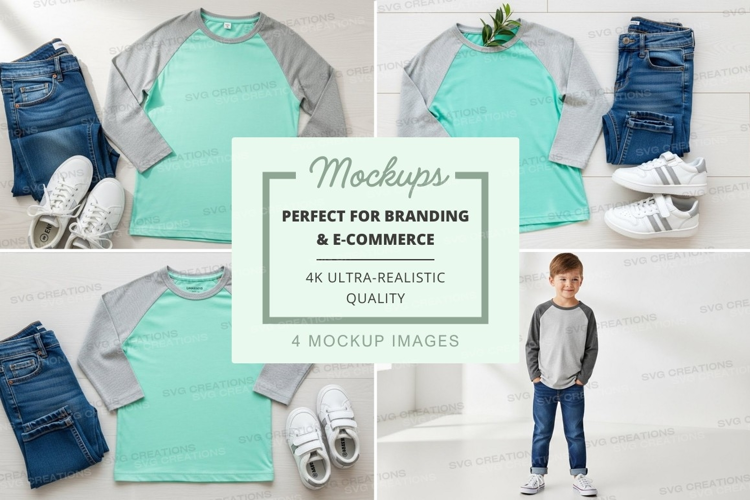 Kids' baseball tee mockup in mint green with gray sleeves