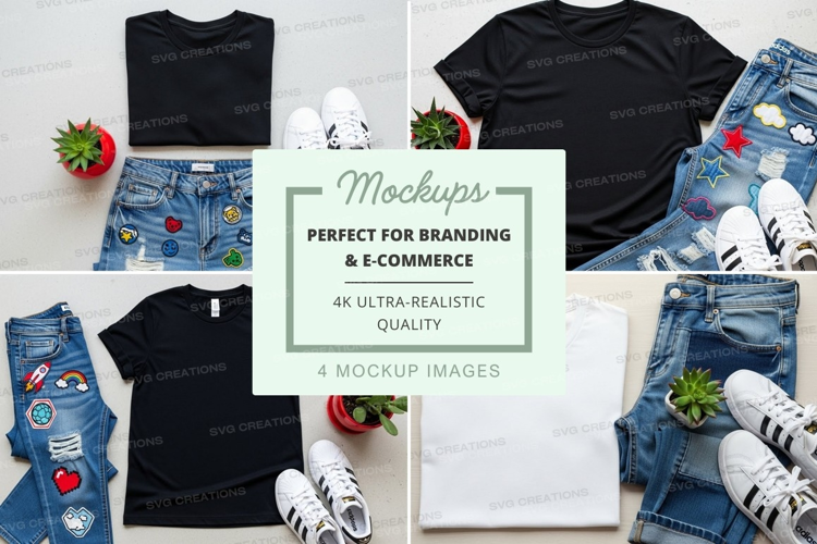 Flat lay mockup featuring t-shirts, jeans, sneakers, and pot