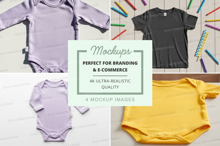 Collage of baby onesies and t-shirts mockup