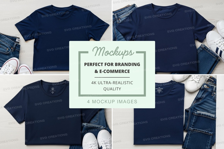 Navy blue t-shirt mockup with jeans and sneakers
