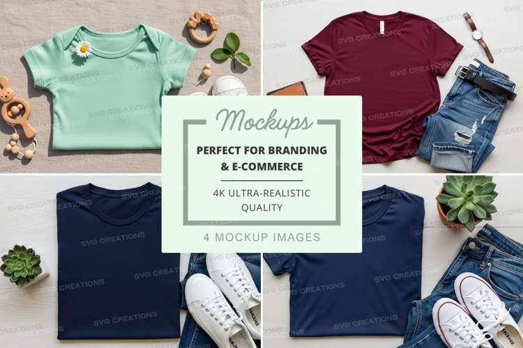 Flat lay mockup of t-shirts and accessories