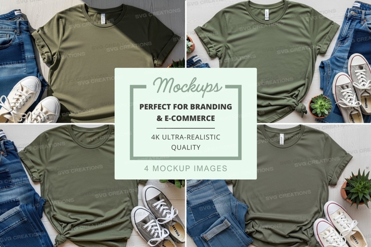 Mockup of olive green t-shirts with casual accessories