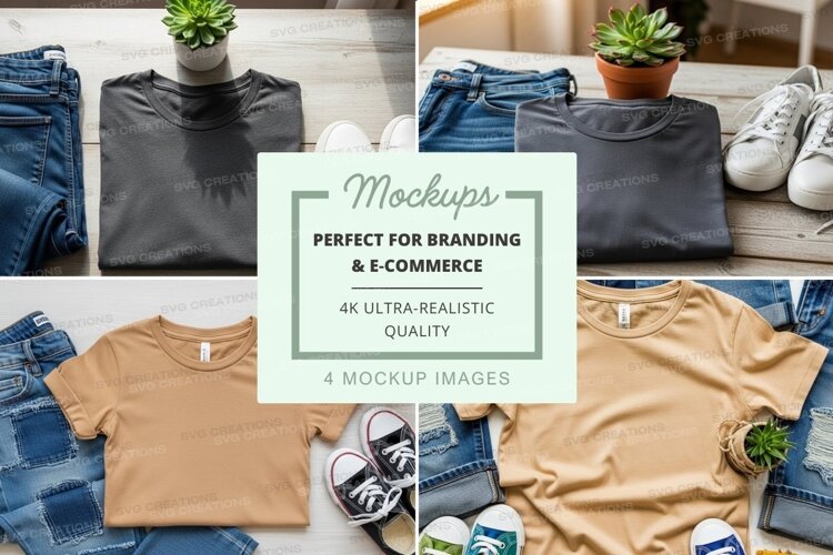 Flat lay mockup of t-shirts, jeans, and sneakers example image 1