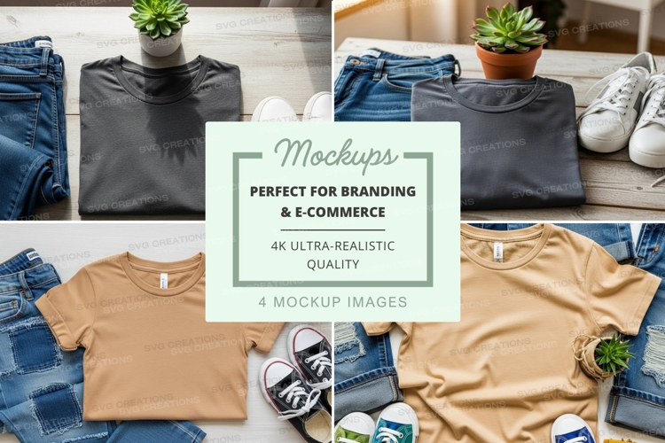 Flat lay mockup of t-shirts, jeans, and sneakers