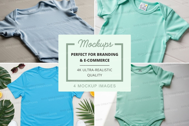 Four baby onesies mockup in different colors