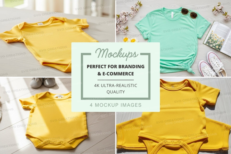 Mockup of baby onesies and t-shirts with accessories