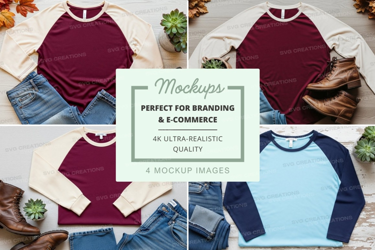 Baseball tee mockup in burgundy and white with blue and whit