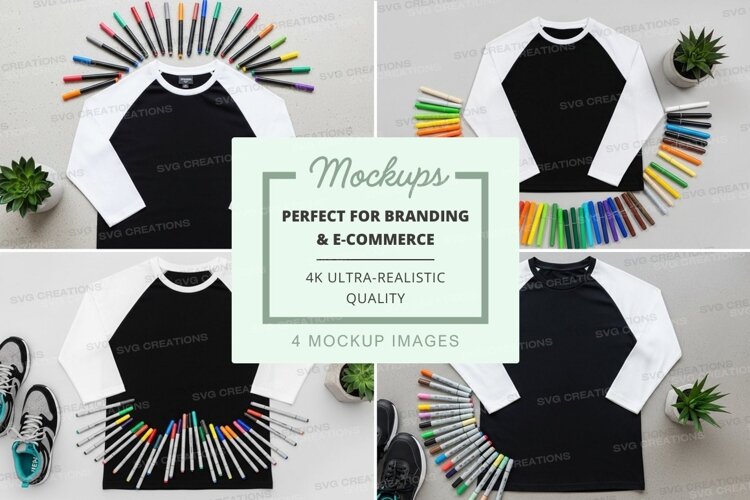 Black and white baseball tee mockup with colored markers example image 1