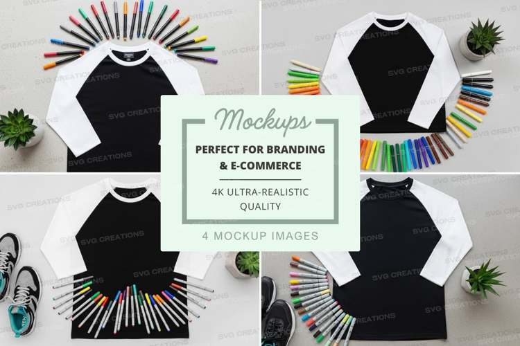 Black and white baseball tee mockup with colored markers