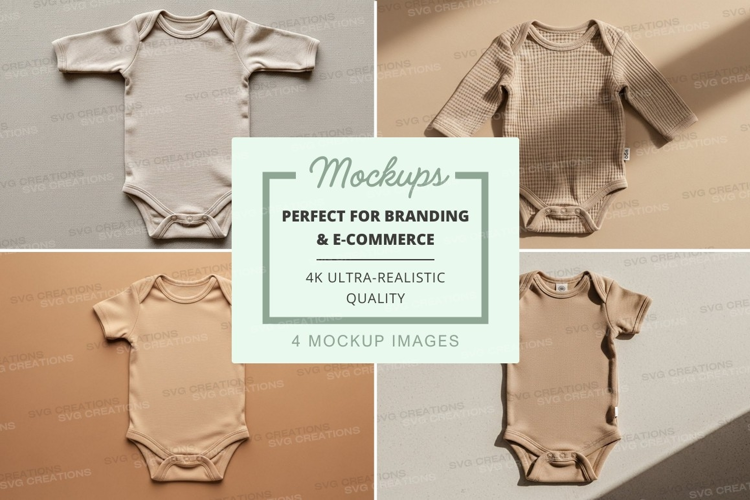 Mockup of baby onesies in various styles and colors