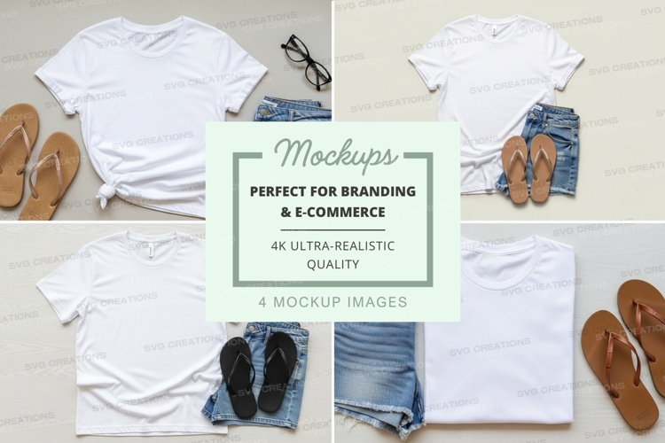 White t-shirt mockup with denim shorts and sandals
