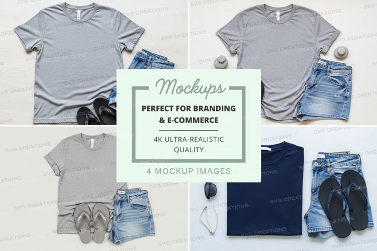 Flat lay mockup of t-shirts with denim shorts and flip flops